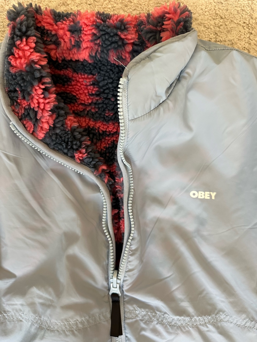 OBEY Light Blue Reversible Windbreaker Jacket with Branded Zip Pull - Picture 2 of 5